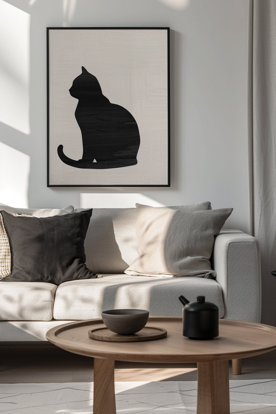Minimalist cat wall art in modern living room setting