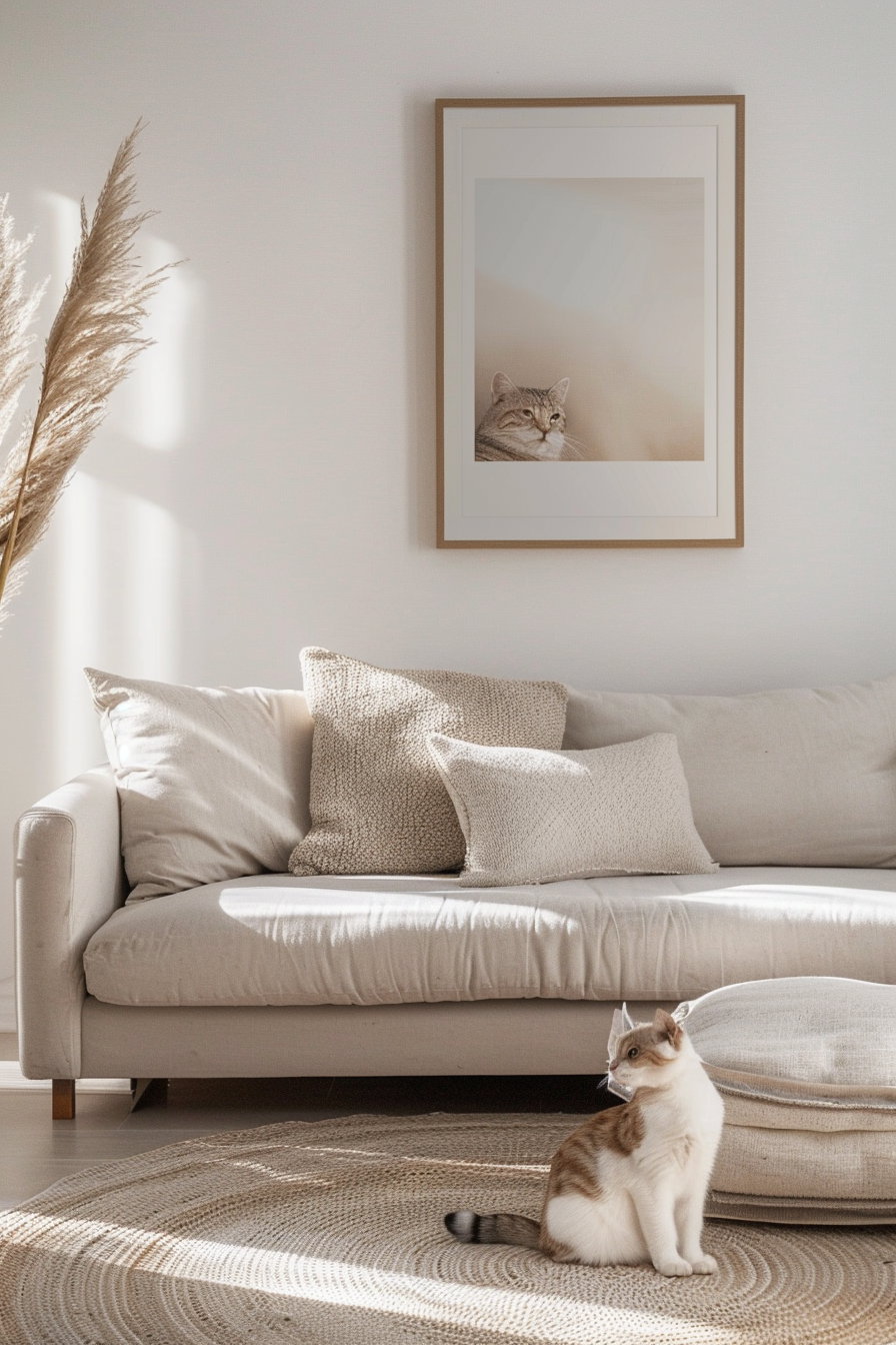 Minimalist cat wall art in modern living room decor