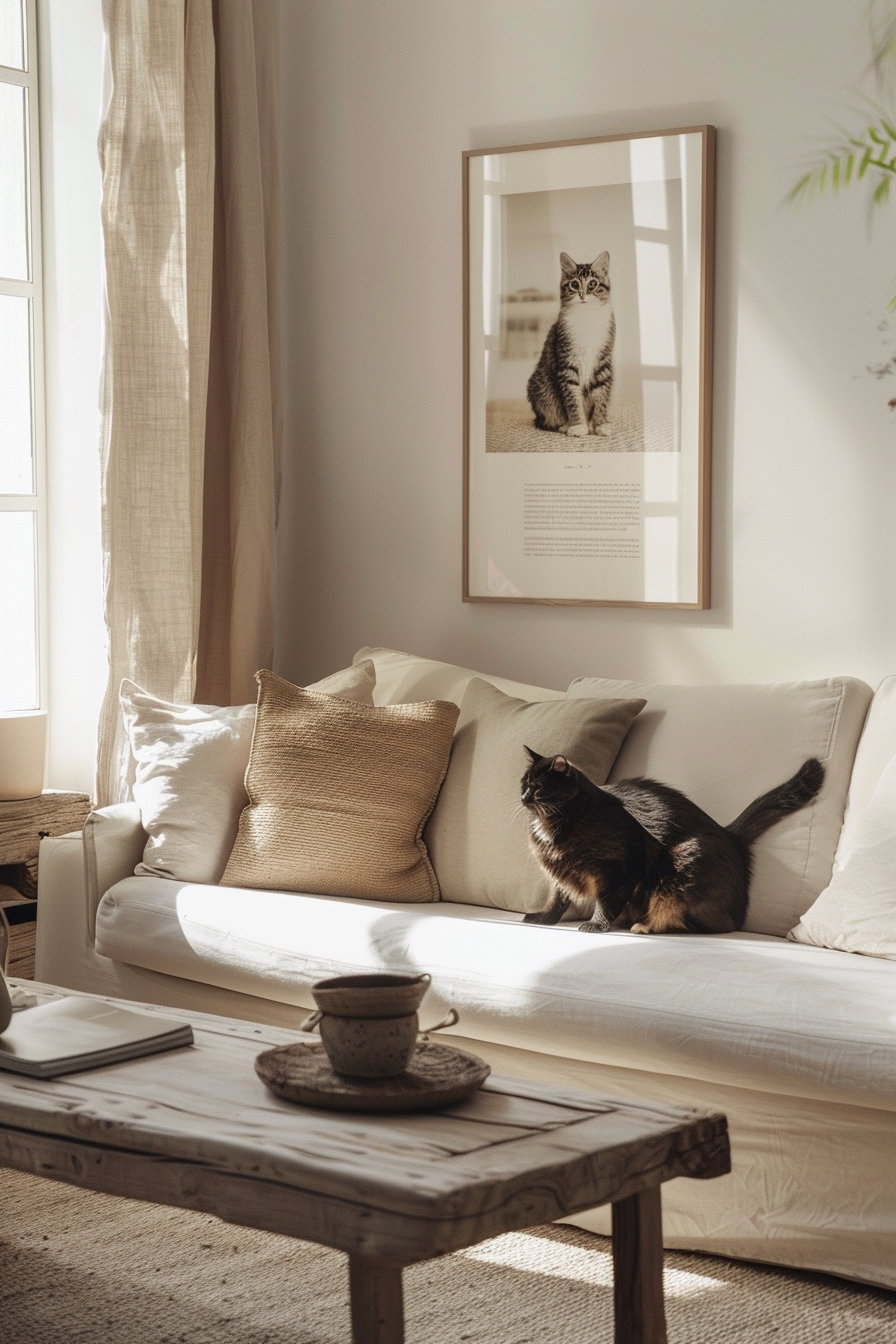 Minimalist cat wall art in modern living room setting