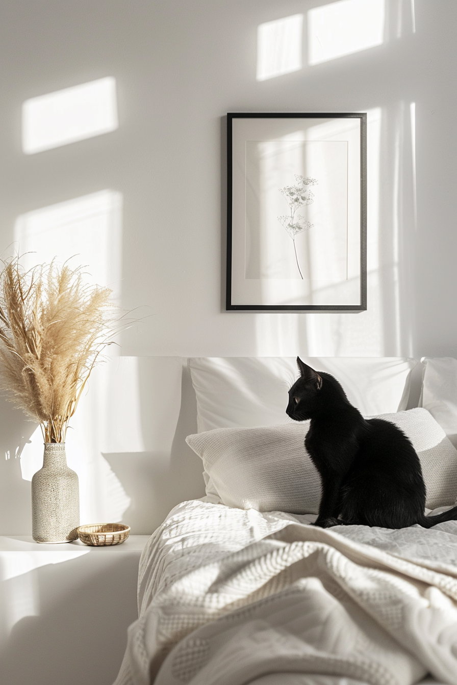 Black cat wall art in cozy Scandinavian bedroom decor