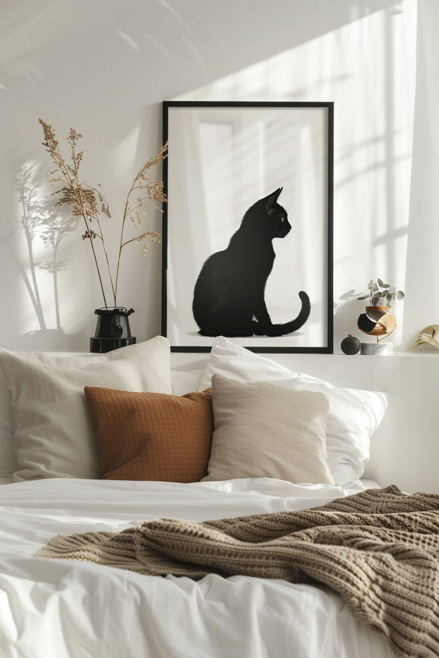 Black cat poster in Scandinavian bedroom with cozy decor