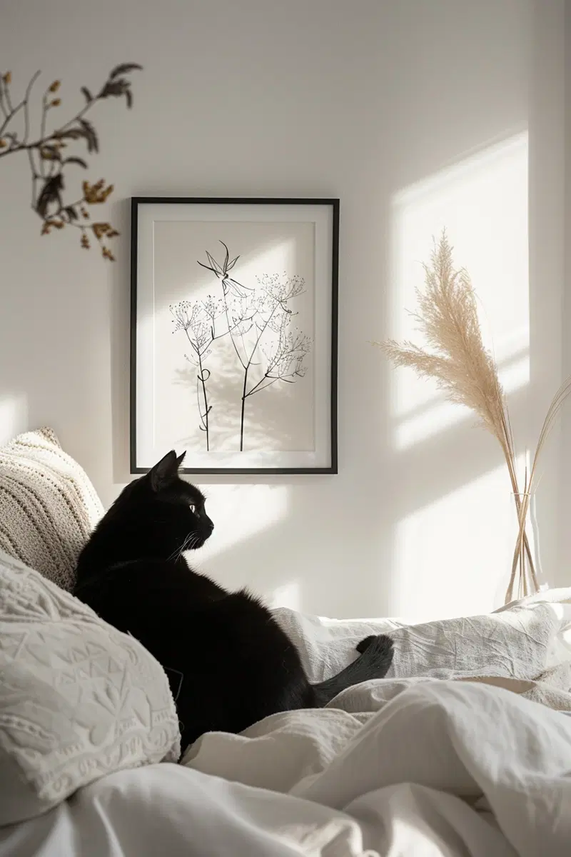 Minimalist Black Cat Wall Art for Cozy Scandinavian Decor
