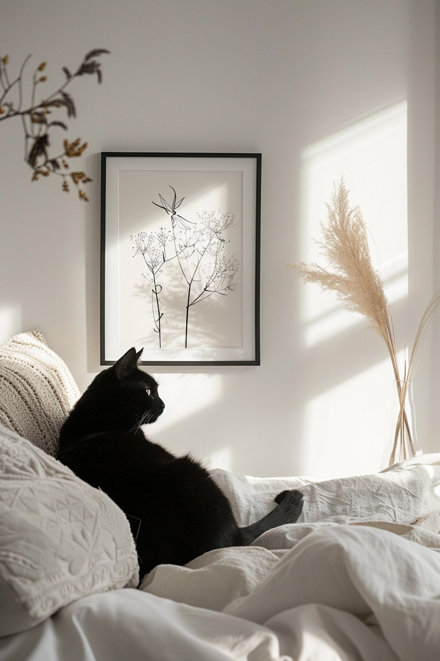 Black cat wall art in cozy Scandinavian bedroom decor
