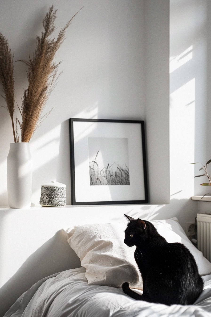 Black cat wall art in cozy Scandinavian bedroom decor