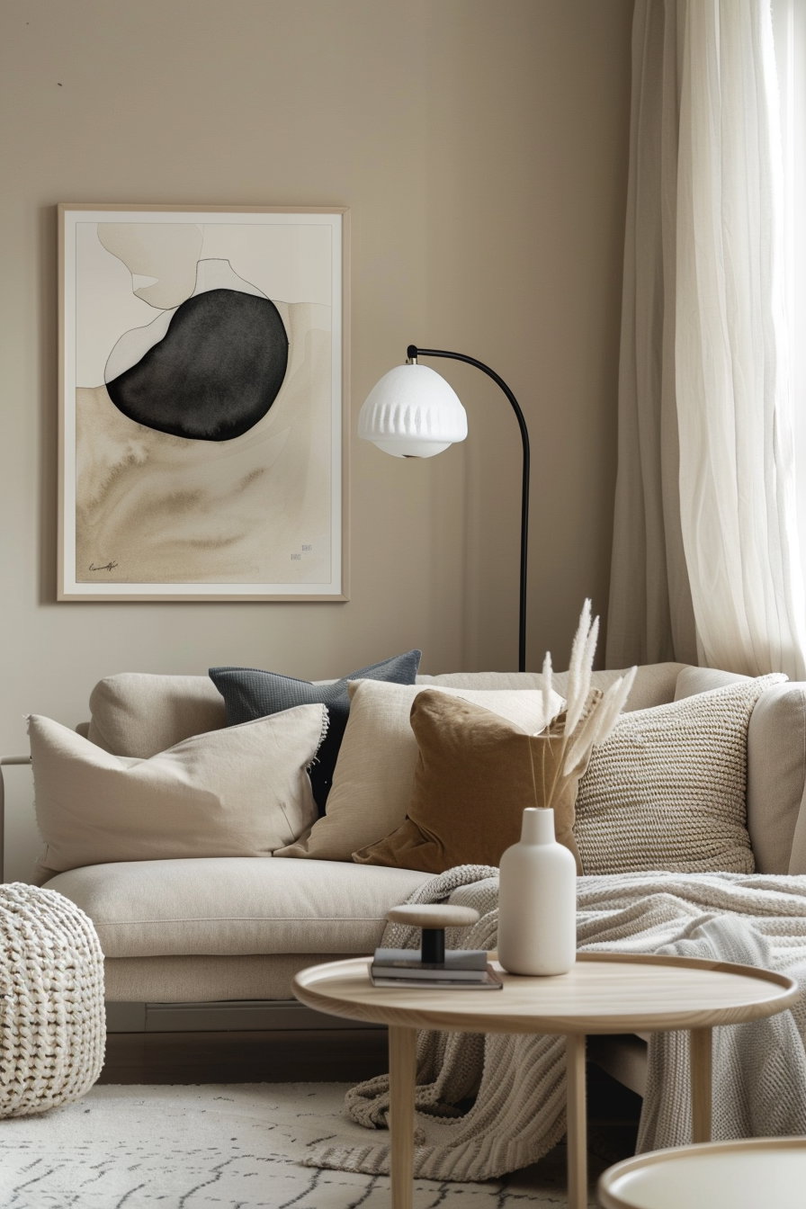 Modern cat wall art above couch in minimalist living room