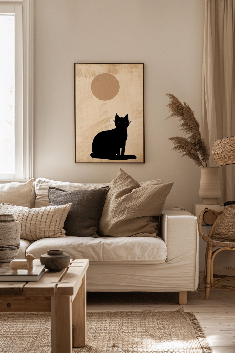 Framed modern cat wall art in minimalist living room