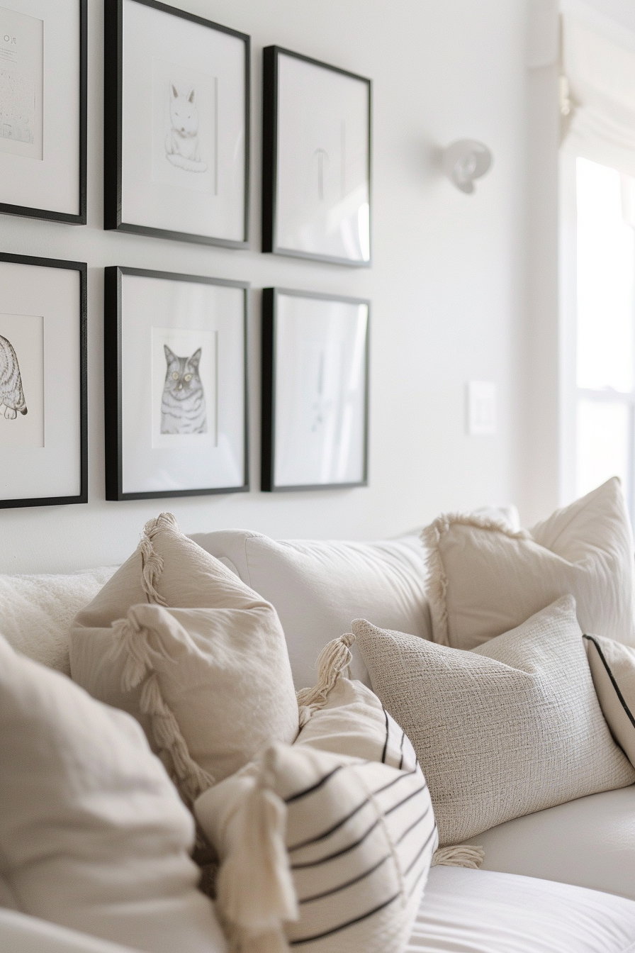 Modern minimalist cat wall art gallery with multiple frames