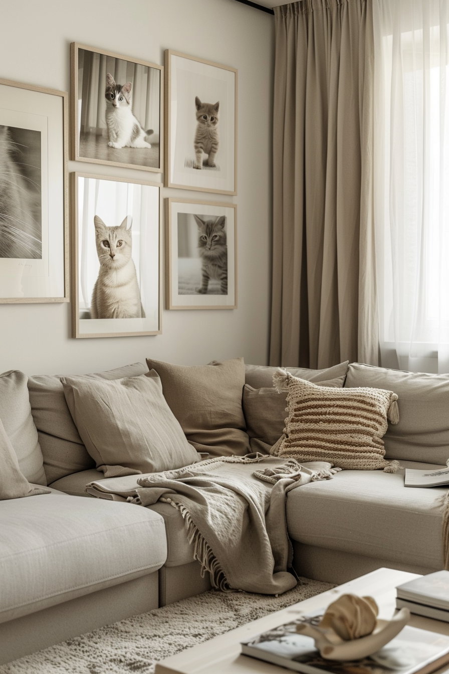 Modern minimalist cat wall art in neutral frames