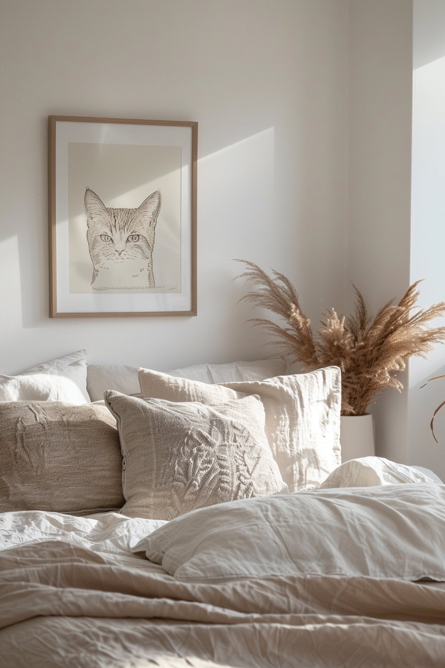 Cozy bedroom with cat wall art and soft lighting
