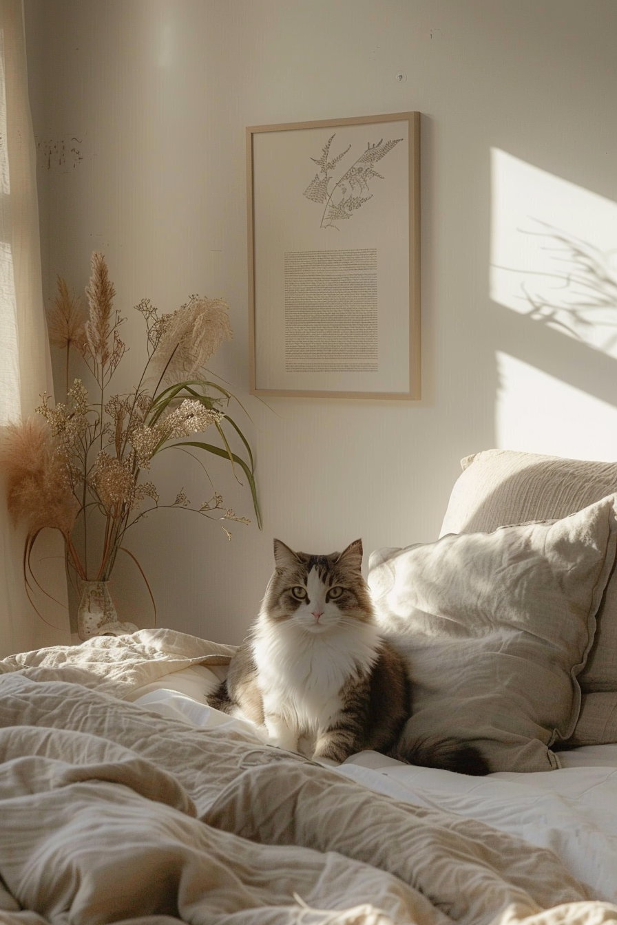 Cozy bedroom with cat wall art and soft lighting