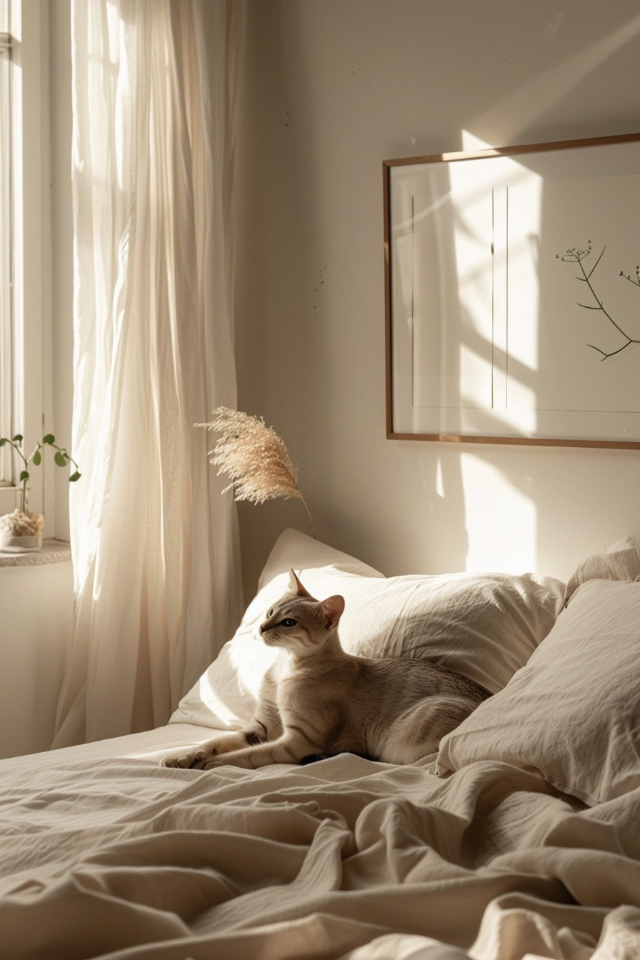 Minimalist cat poster above bed in cozy neutral bedroom