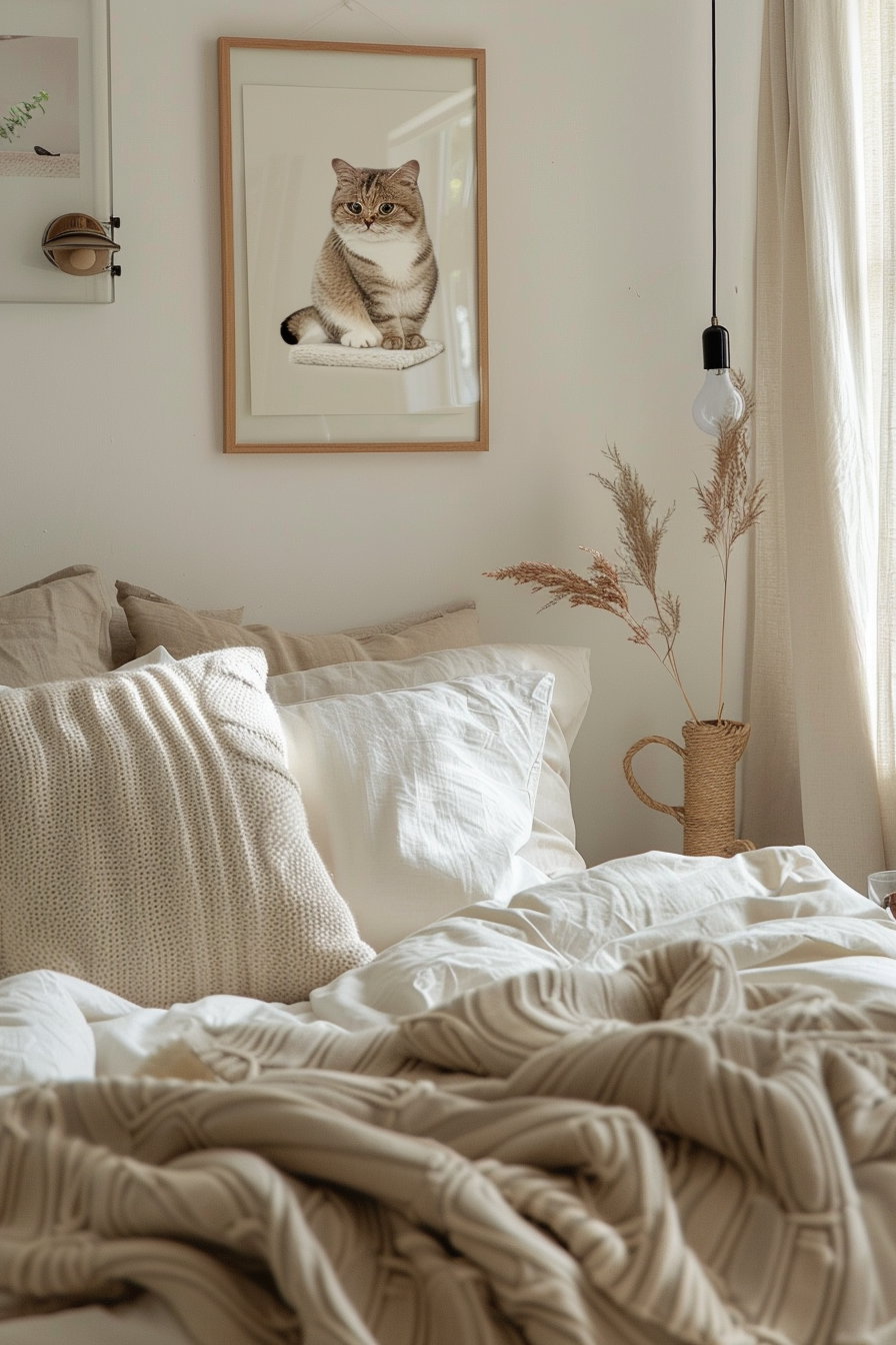 Minimalist cat poster in cozy neutral bedroom decor