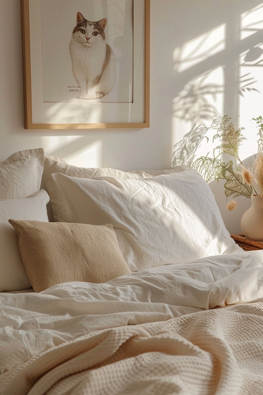 Minimalist cat poster in cozy neutral bedroom decor