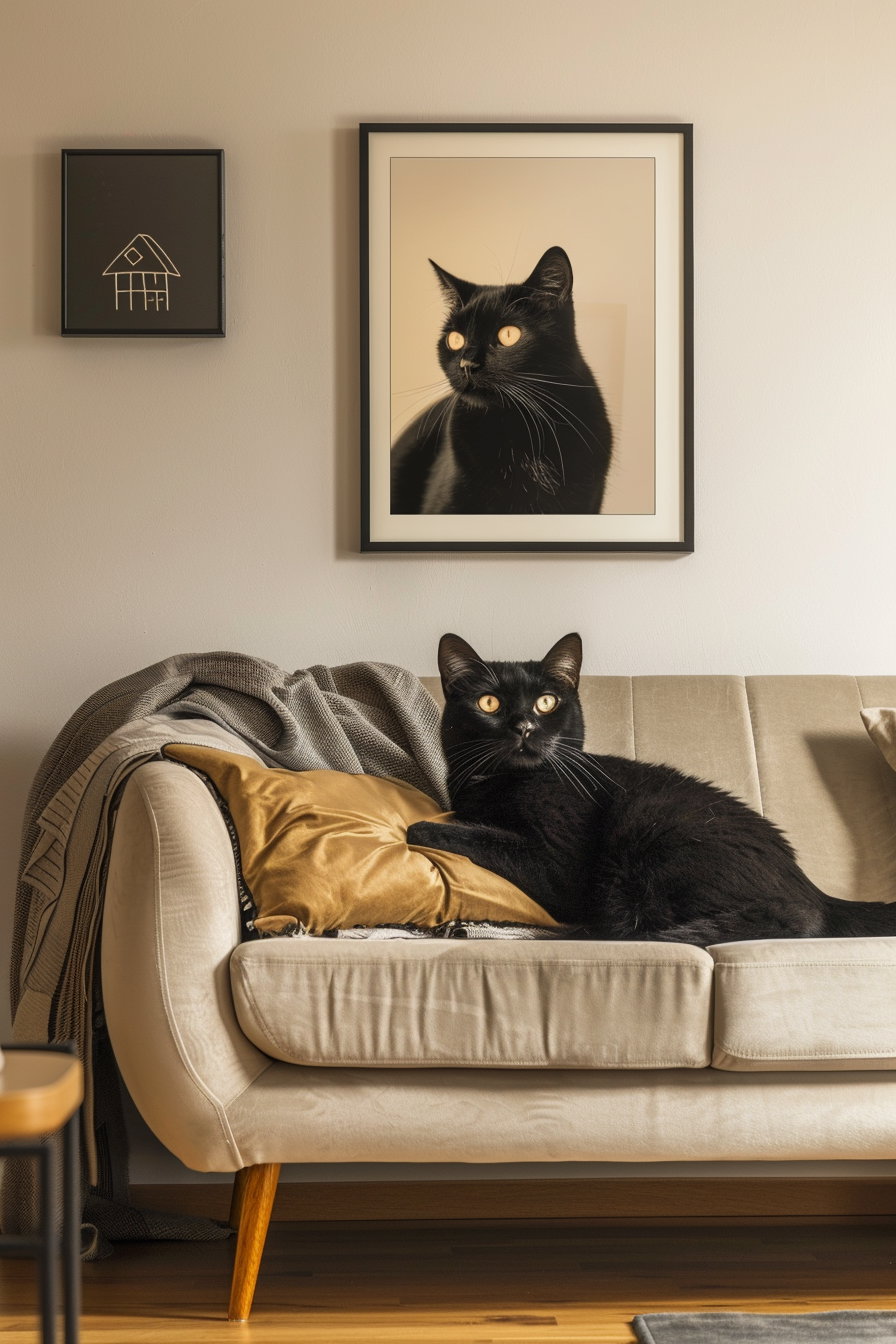 Black cat art in stylish living room with beige sofa