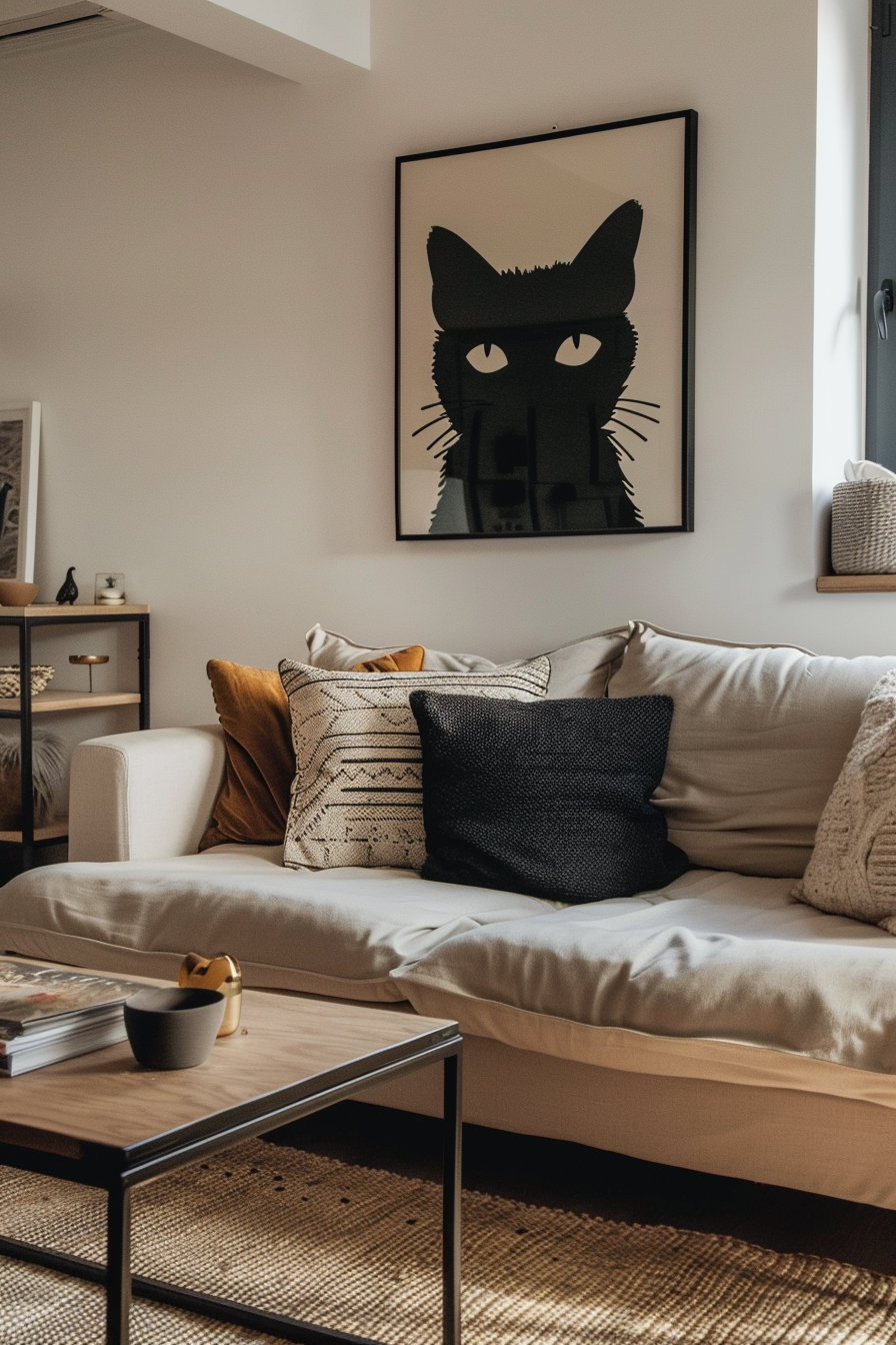 Black cat art in stylish living room with beige sofa