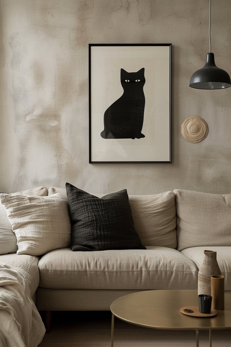 Black cat artwork in modern living room with stylish sofa
