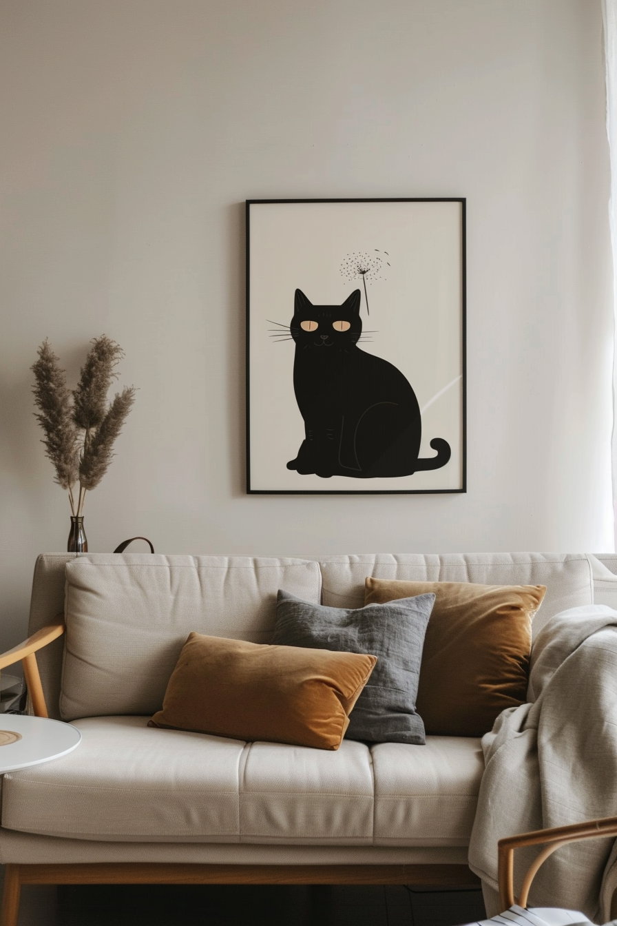 Black cat art above stylish sofa in modern beige living room