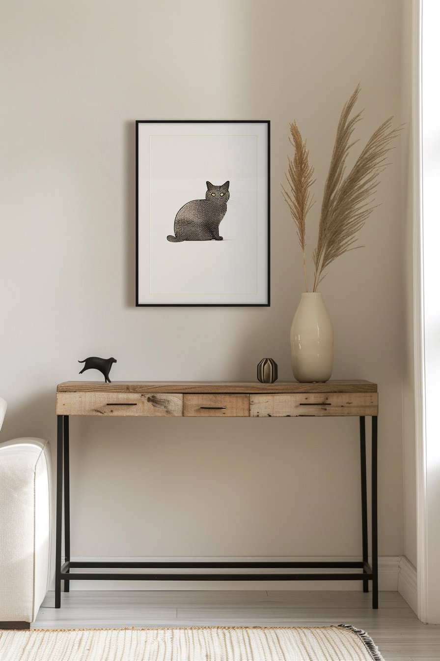 Scandinavian style cat wall art above wooden console table