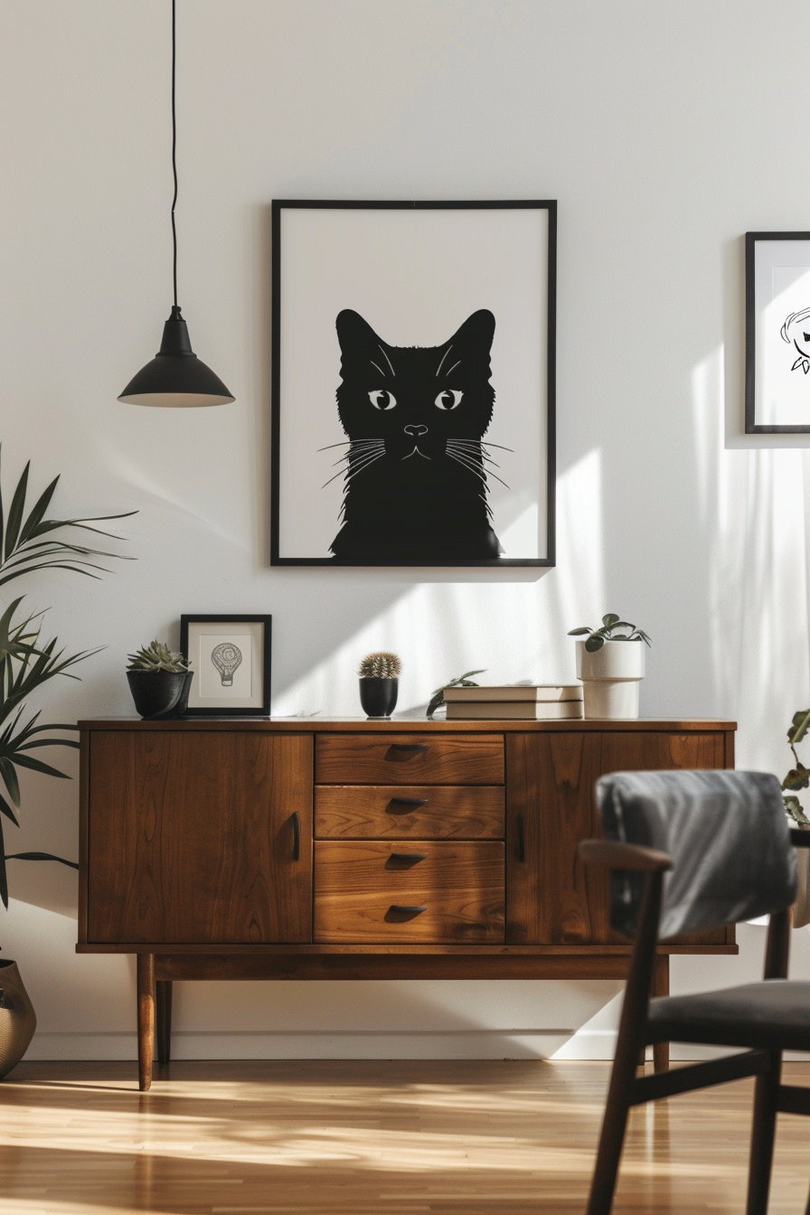 Scandinavian cat wall art above wooden console table