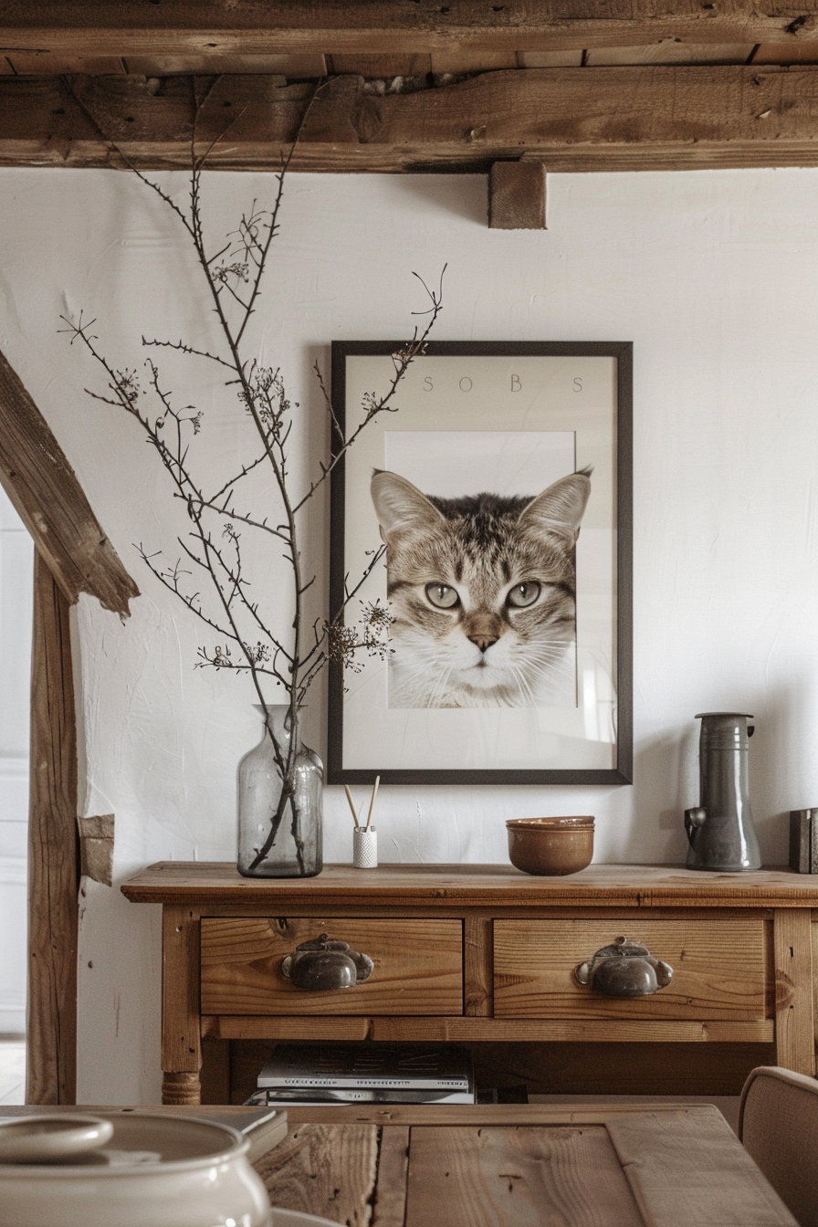 Cat wall art above wooden console table in Scandinavian interior