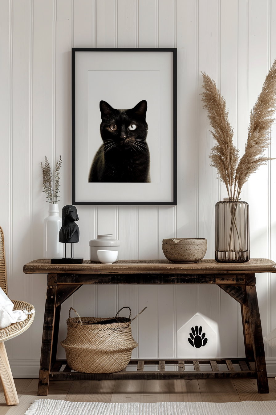 Scandinavian cat wall art above wooden console table