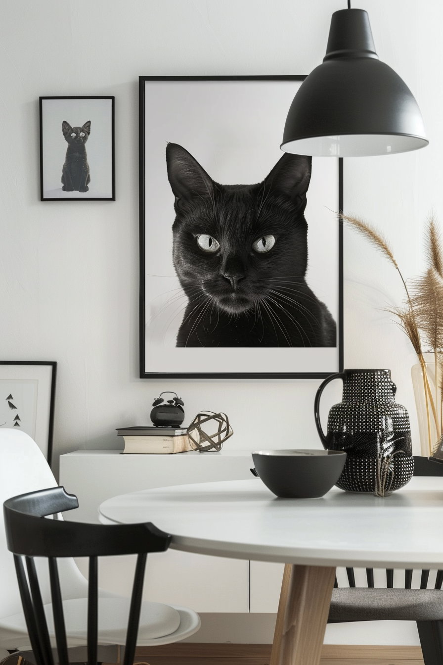Black and white cat wall art in modern apartment setting