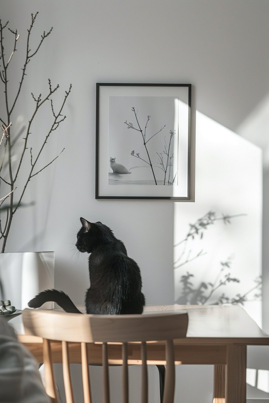 Black and white cat wall art in modern apartment