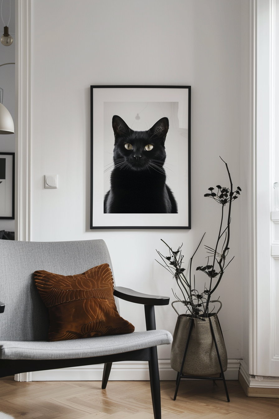 Black and white cat wall art in modern apartment setting