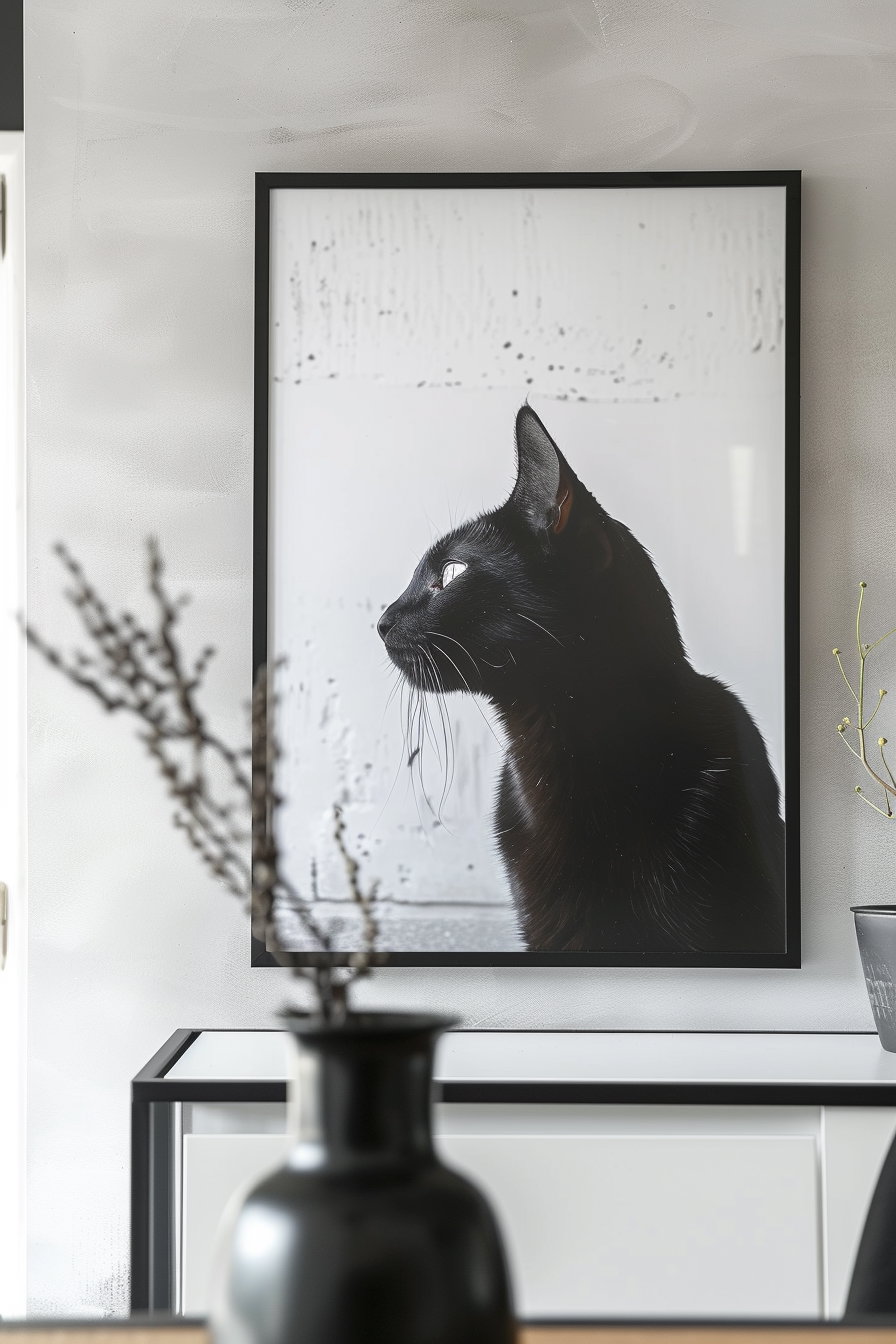 Black and white cat wall art in modern apartment setting