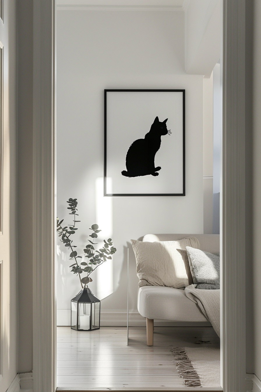 Minimalist cat poster in modern hallway with soft shadows