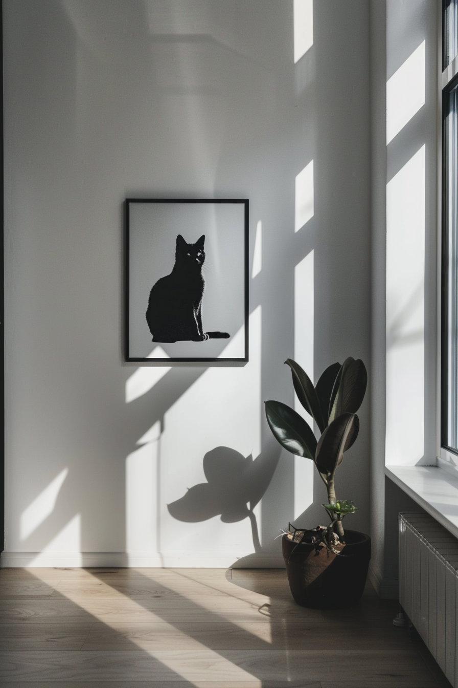 Minimalist cat art poster in modern hallway interior