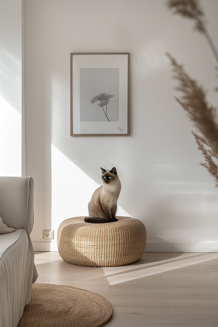 Minimalist cat art poster in modern hallway interior