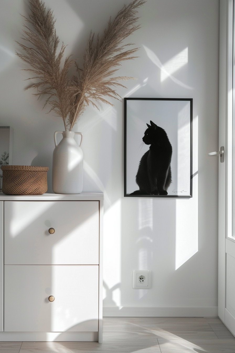Minimalist cat art poster in modern hallway interior