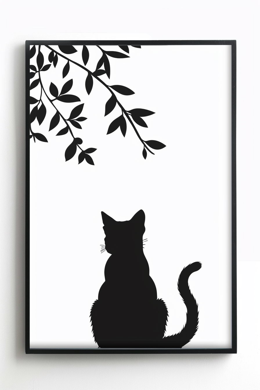 Minimalist black and white cat wall art design