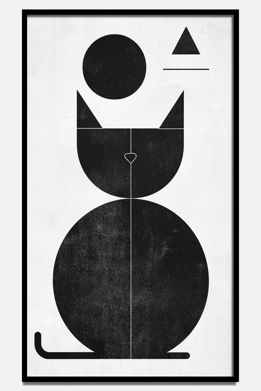 Abstract black and white cat wall art with geometric shapes