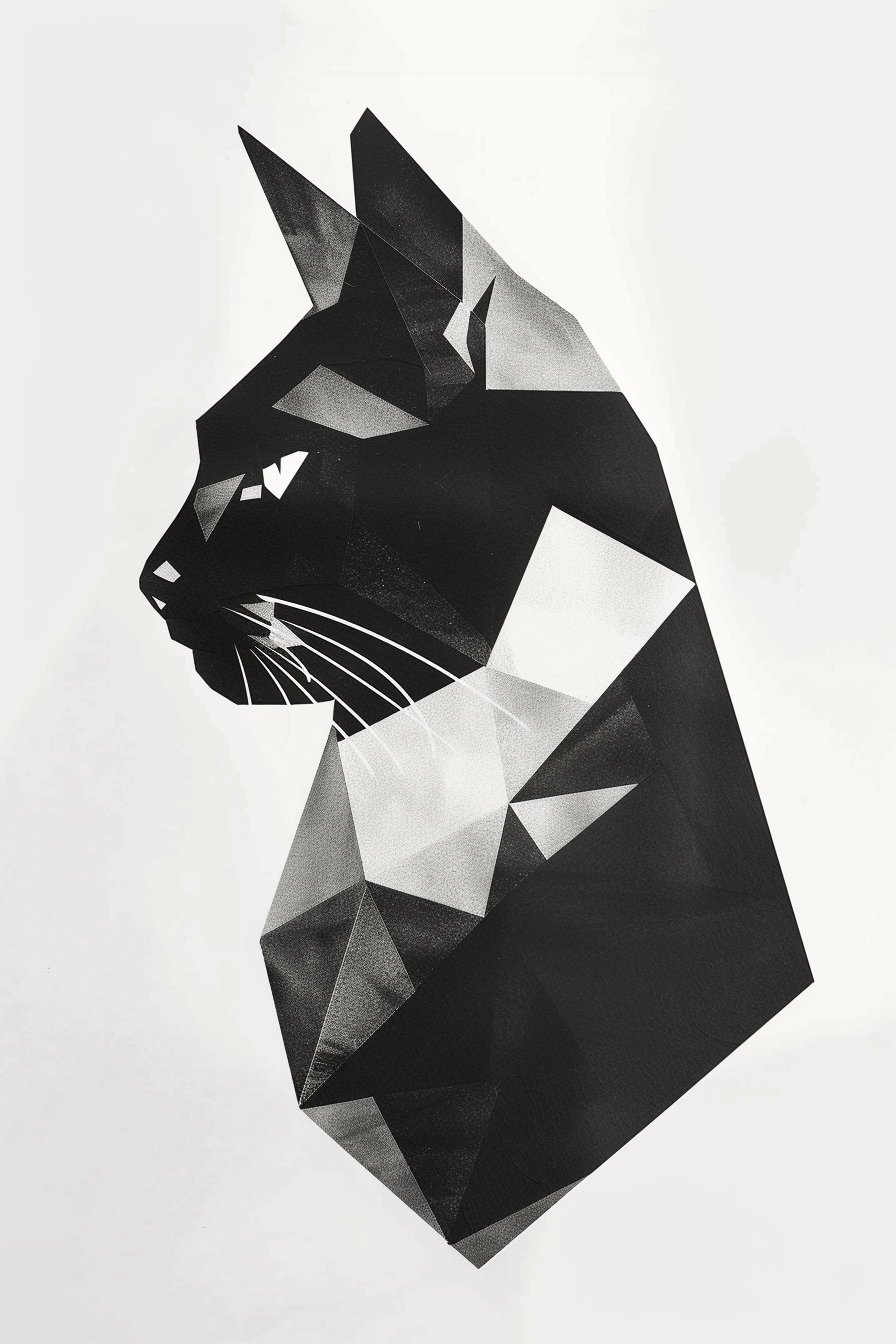 Abstract black and white cat art with geometric shapes