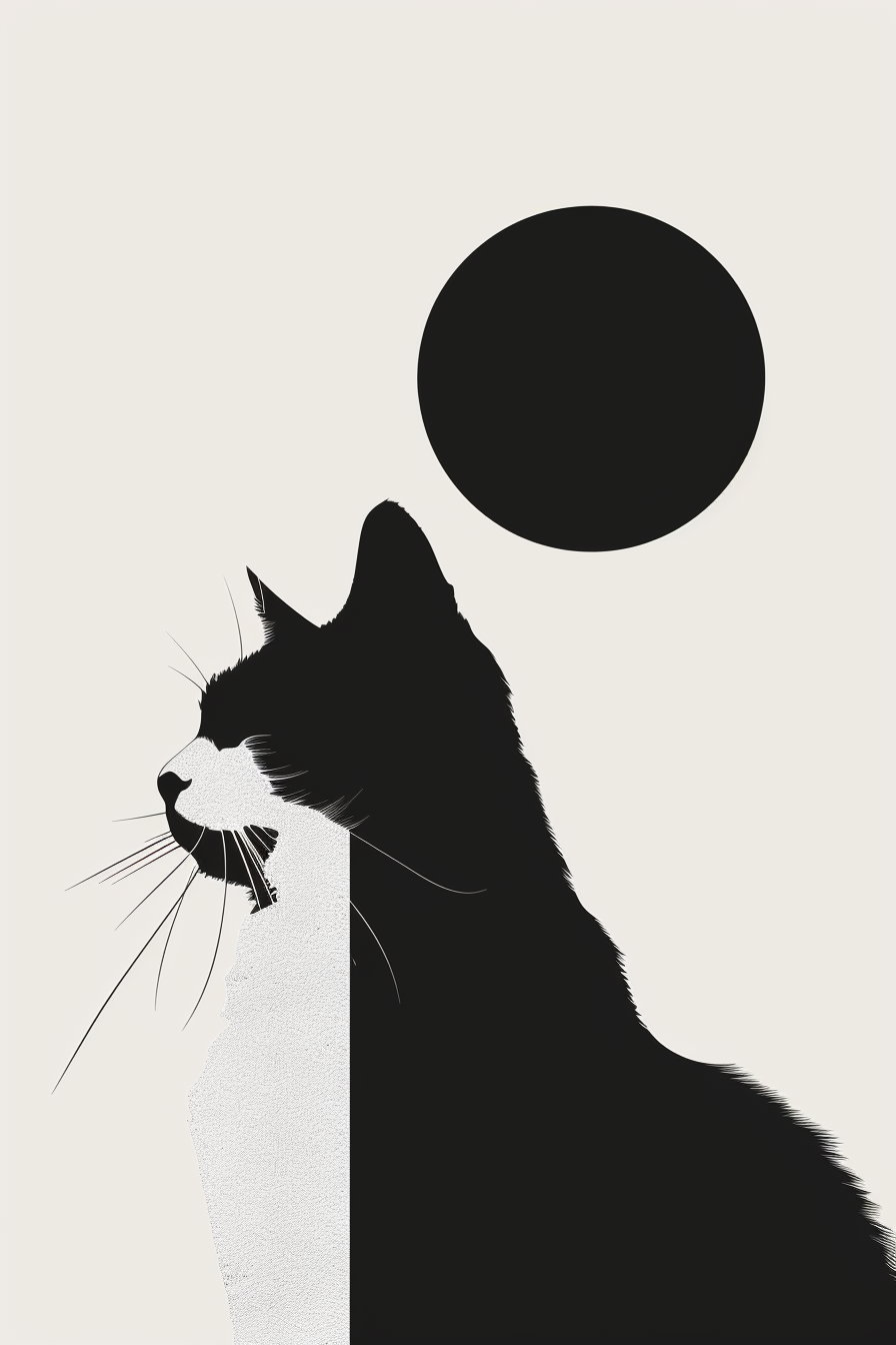 Abstract black and white cat art with geometric shapes