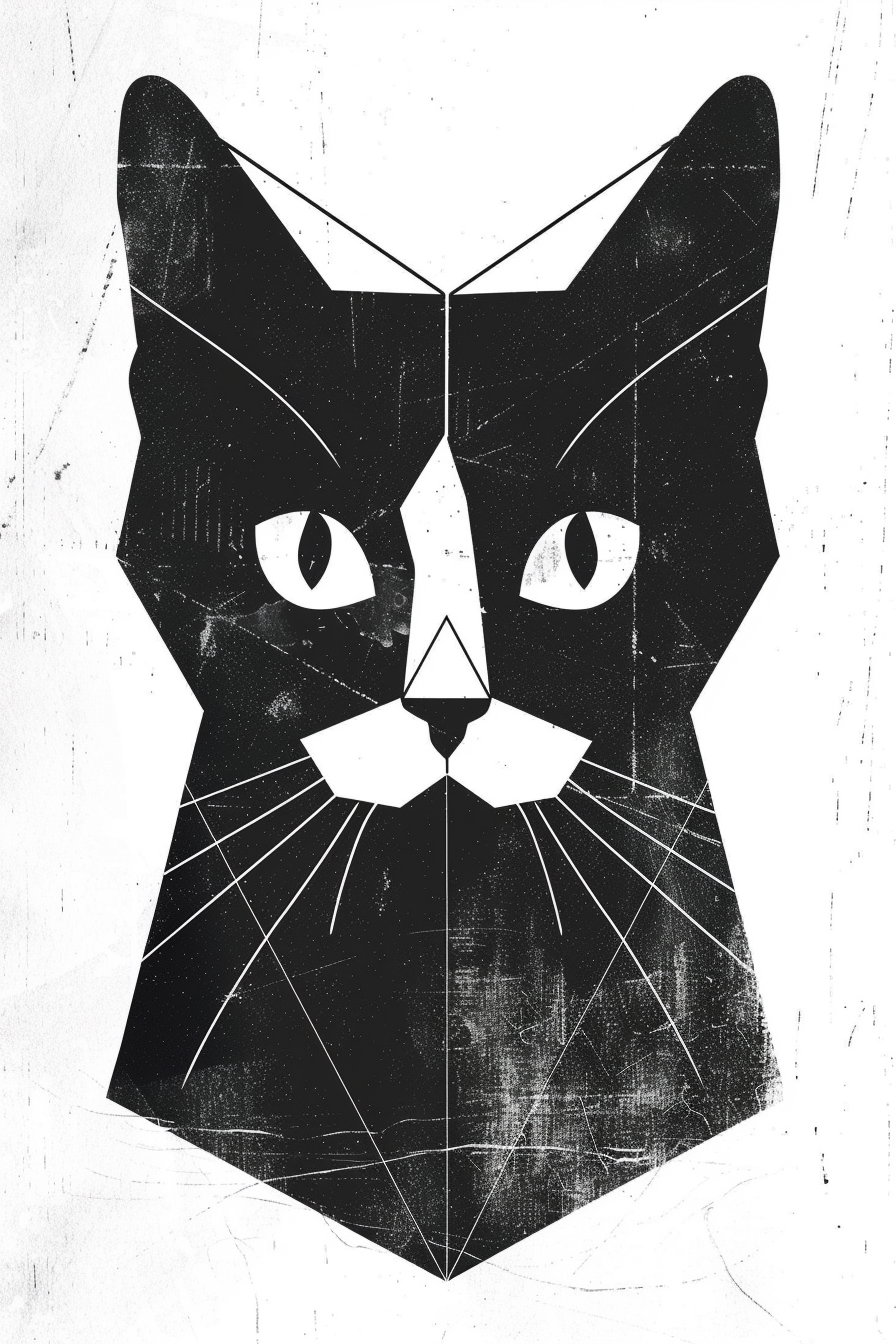 Abstract black and white cat wall art with geometric shapes