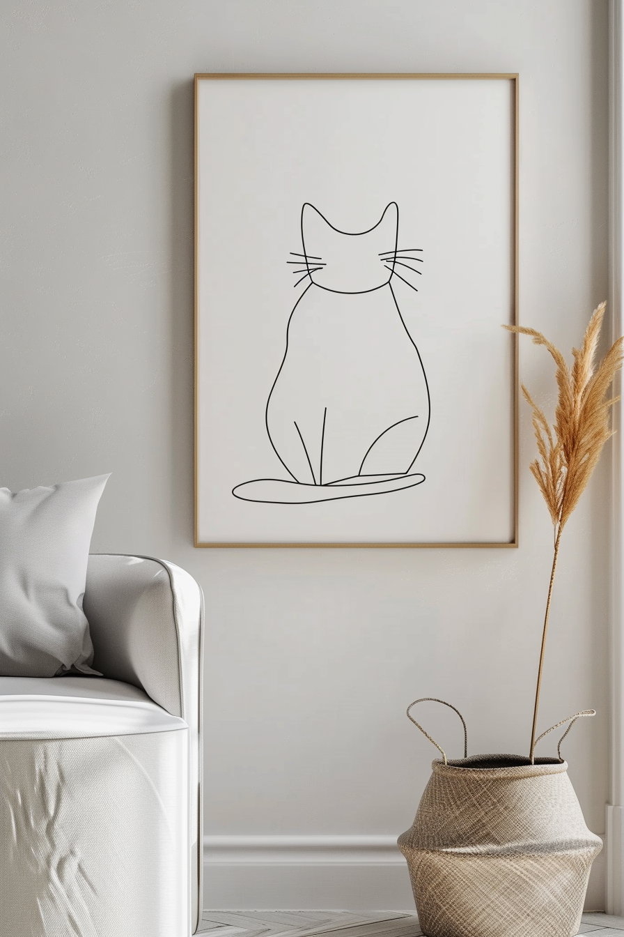 Minimalist cat line art in thin black lines