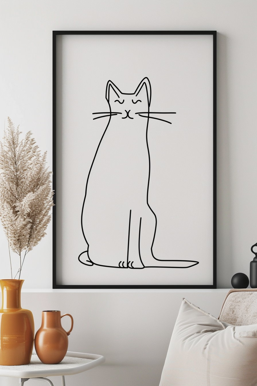 Minimalist cat line art on white background for modern decor
