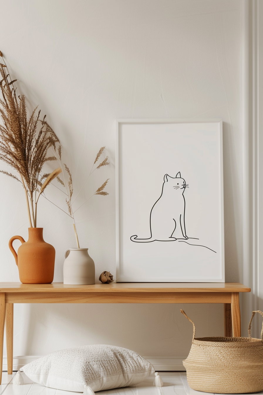 Minimalist cat line art in thin black lines