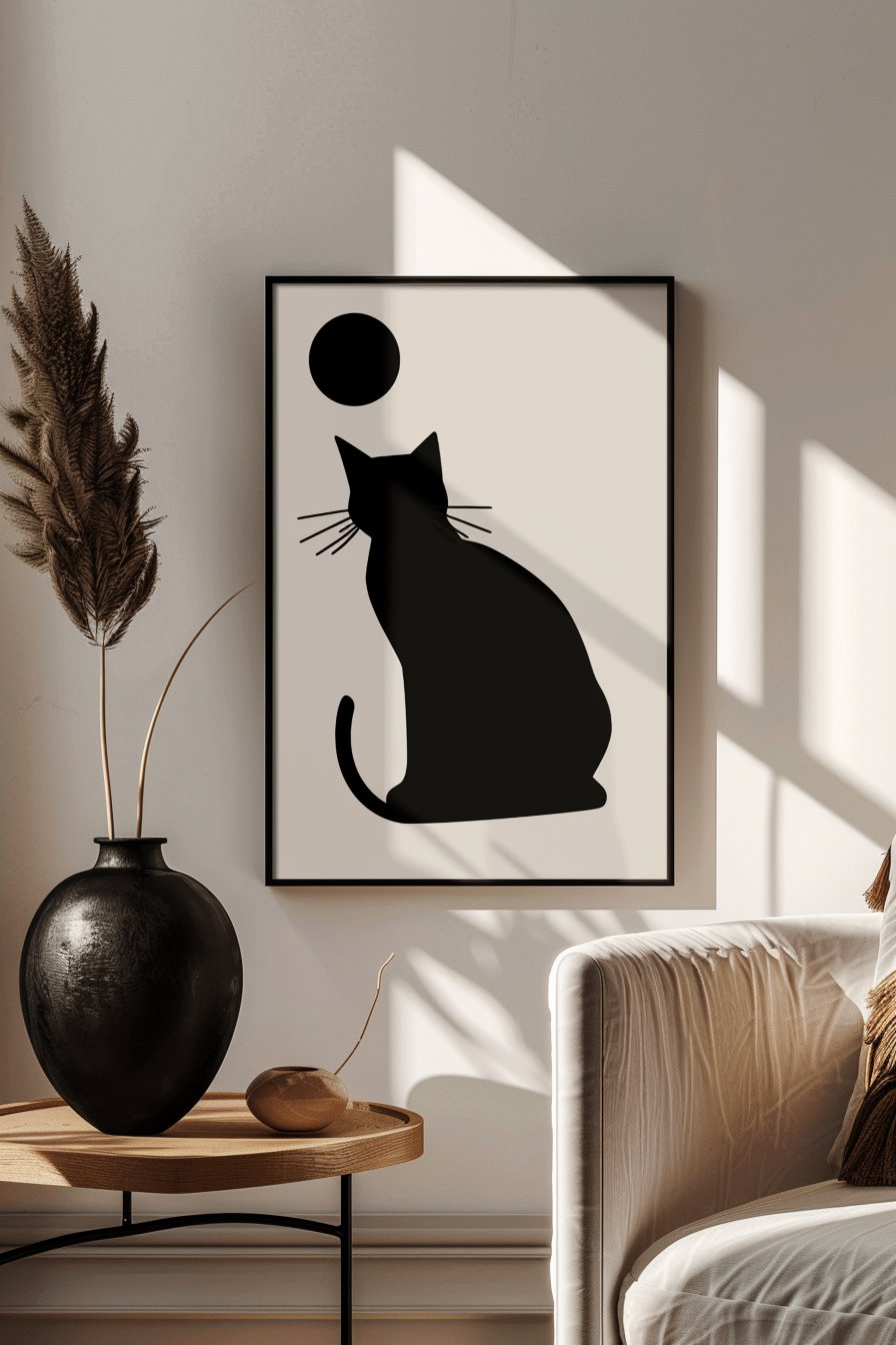 Abstract cat design in black ink on white background