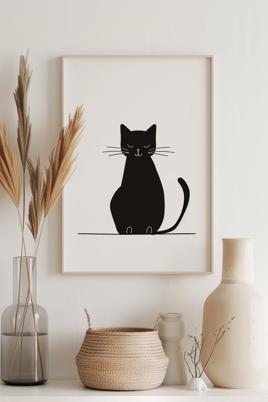 Abstract cat design with simple shapes in black ink