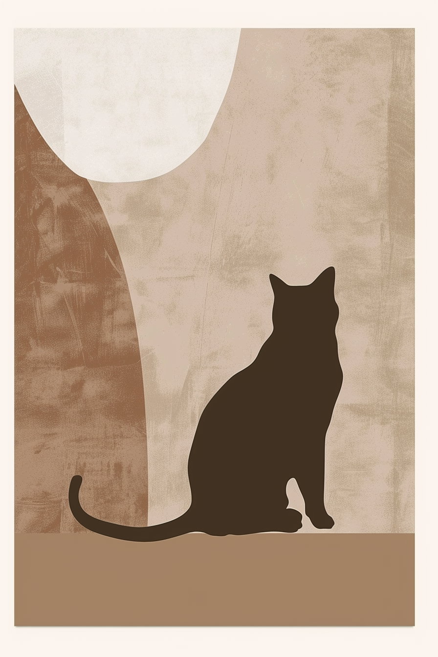 Minimalist cat art with organic shapes on beige background
