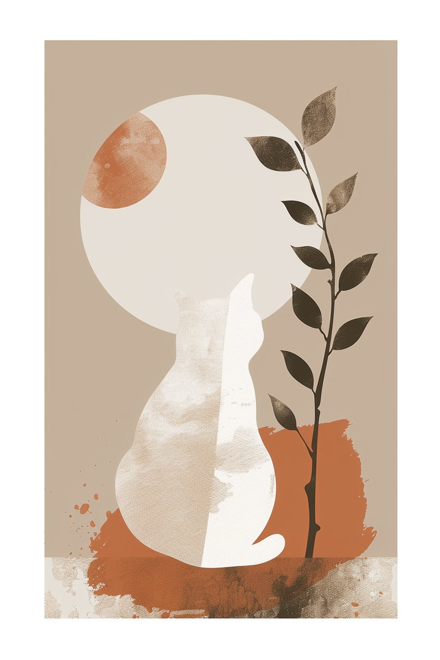 Minimalist cat art with organic shapes on beige background
