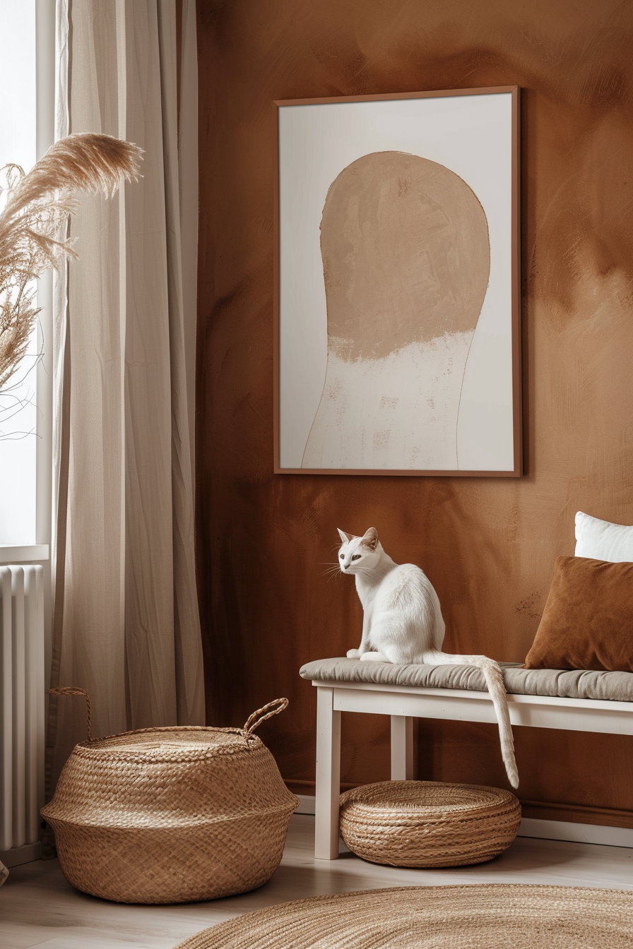Minimalist cat wall art in terracotta and beige tones