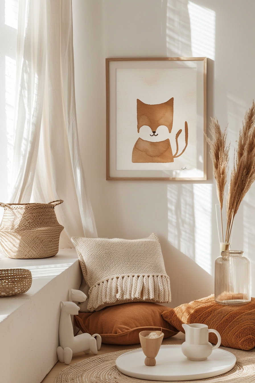 Minimalist cat wall art in terracotta and beige tones