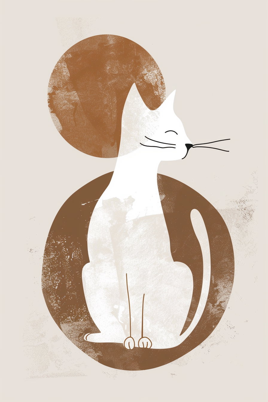 Minimalist cat poster in soft beige tones and abstract shapes