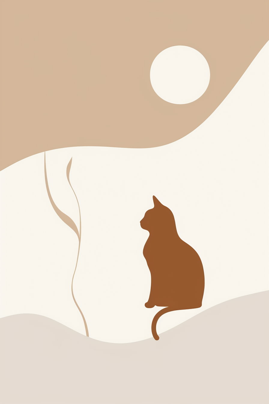 Minimalist cat poster in soft beige tones with abstract shapes