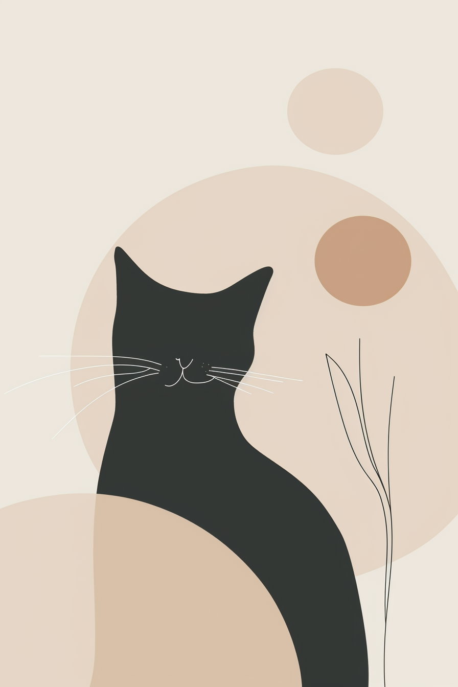 Minimalist cat poster in soft beige tones and abstract shapes